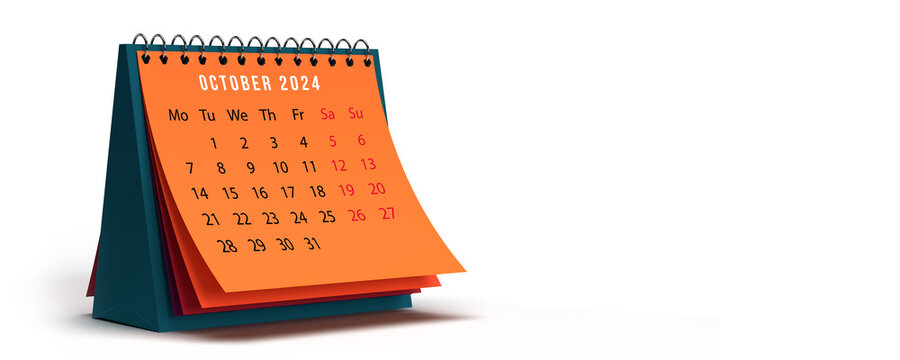 October 2024 orange coloured monthly spiral desk calendar. 3D rendered horizontal page on white background, copy space. Set of 12 month layouts. Week starts with Monday. Weekends in red.