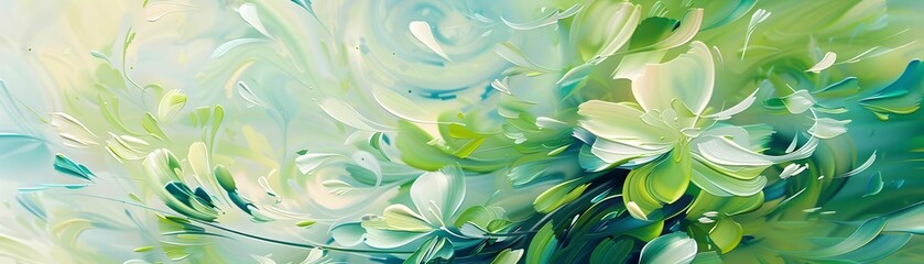 An abstract painting filled with dynamic brush strokes in shades of green, creating a lively floral impression.