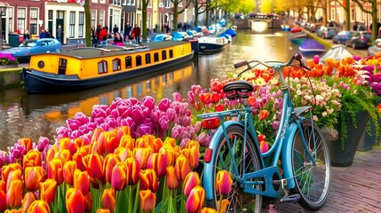 A picturesque scene along a canal lined with vibrant tulips and classic bicycles, with boats gently floating in the background under a soft golden sunset.