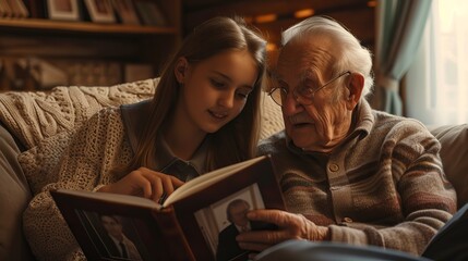Preserving Memories: Young Woman and Elderly Individual Cherishing Moments Together Through a Photo Album in Elder Care