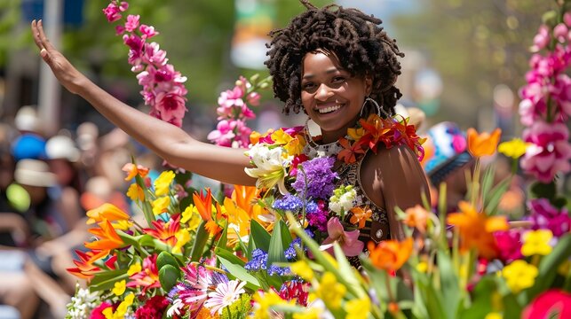 Floral parade celebrating spring, floats adorned with fresh flowers, marching bands, and community cheer