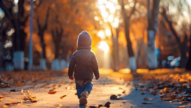 A little boy walks through the autumn park. A child in a warm jacket walks through the autumn park.