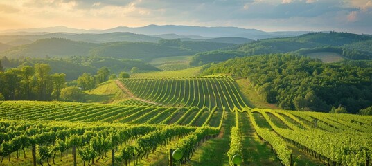Tranquil vineyard scene with grapevines, mountains, and ideal sky for text placement