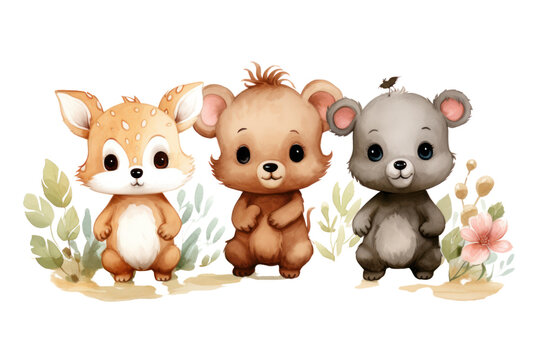 Adorable baby wild animals, such as baby bears, play in the forest, emphasizing the cuteness, cuteness, and innocence of various animals. Isolated on a transparent background.