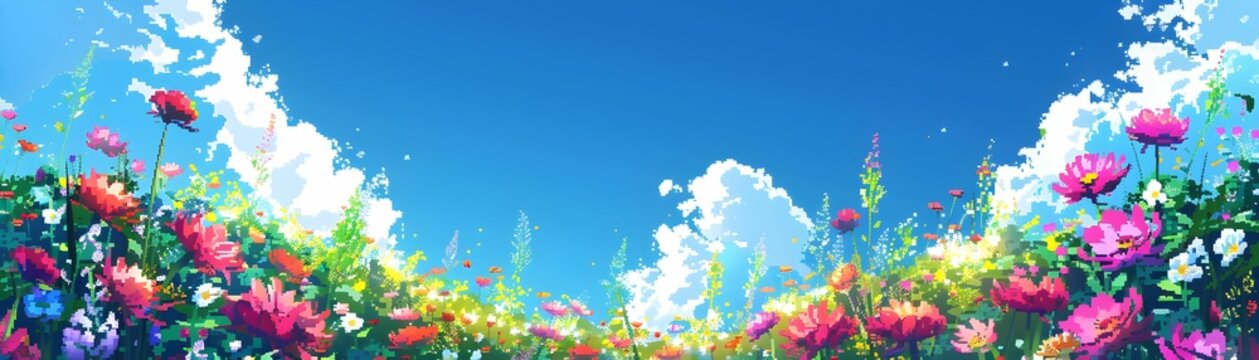 Digital pixel art depicting a vibrant spring garden scene with a variety of blooming flowers under a clear blue sky with fluffy clouds.
