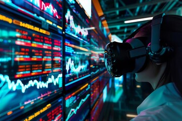 Virtual reality simulation of a stock market environment with dynamic trading data and financial analytics - obrazy, fototapety, plakaty