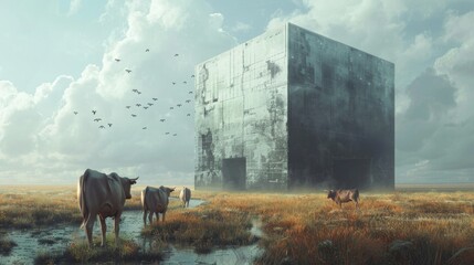 Cows look at a large gray cube in a field. Data Center futuristic cube building