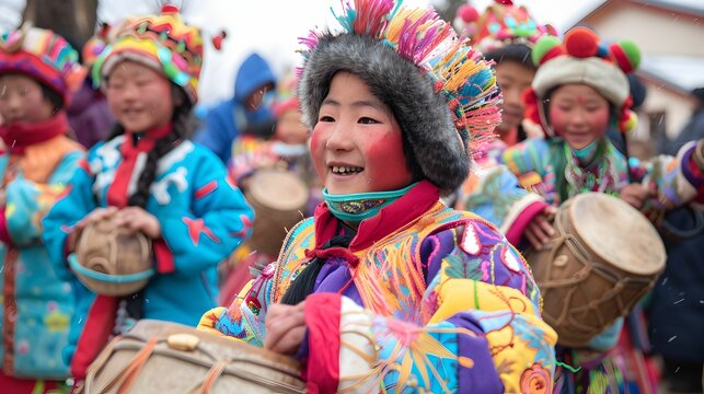 Spring harvest festival in a rural village, celebrations of bounty, folk dances, and traditional music