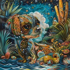 Obraz premium Water-bound puppy in a bustling palaeologan scene, side view, vibrant colors
