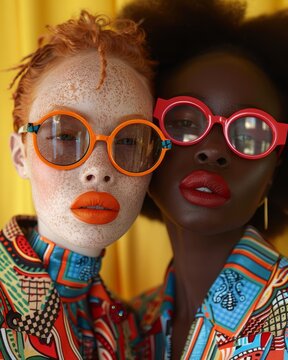woman model, wearing a fashionable oversized primary colors man suit and orange lipstick kissing another woman model, wearing a fashionable oversized primary colors man suit and red lipstick