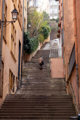 Hilly streets with steps in Lyon, Rhone Alps, France