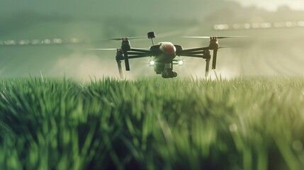 High-tech agricultural drones flying over a vast farm field, demonstrating advanced spraying capabilities for efficient weed and pest control, showcasing the concept of smart farming automation. - obrazy, fototapety, plakaty