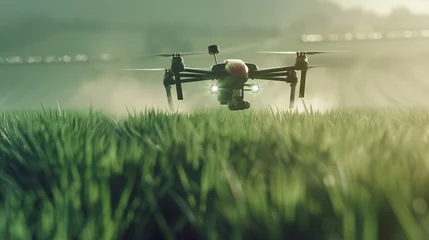 Fotobehang High-tech agricultural drones flying over a vast farm field, demonstrating advanced spraying capabilities for efficient weed and pest control, showcasing the concept of smart farming automation. © TensorSpark