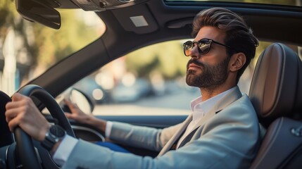Focused Driver in Light-Colored Suit Using Posture Correction System During Sunlit City Road Trip