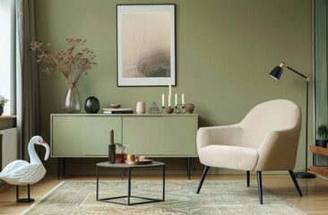 A sage green wall in the background, with an olive sideboard and beige armchair. A poster hangs on it