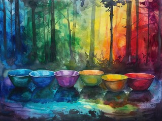 Mystical cups, changing colors, deepening bonds Tea time amidst a rainbow-infused forest