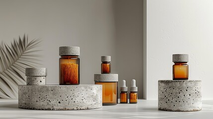 Skincare bottles arranged on a textured stone slab with natural light - obrazy, fototapety, plakaty