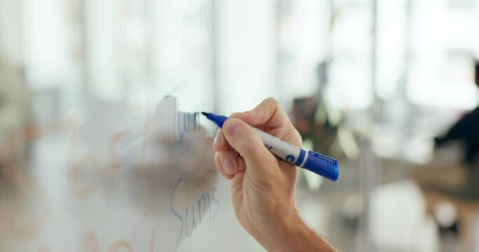 Hand, writing and glass wall for business strategy with brainstorming in office solution, problem solving or mind map. Person, fingers and marker for startup or project planning, moodboard or note