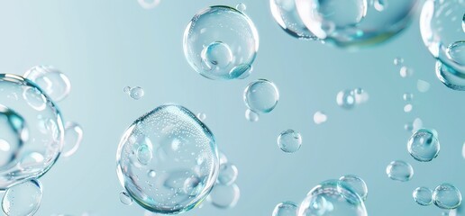 Multiple bubbles floating in the air against a clear sky background, reflecting various colors and shapes.