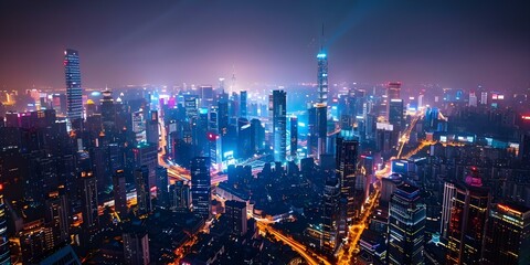 Global Communication Technology and Urban Development Showcased in Aerial Cityscape at Night. Concept City Lights, Urban Development, Aerial Photography, Global Connectivity, Technology Integration
