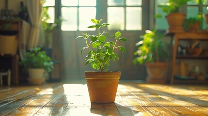 A young green plant in a pot on a wooden floor and a blurred background.