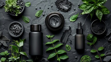 Dark skincare bottles on a dark background with plants - obrazy, fototapety, plakaty