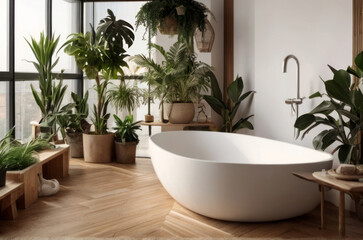 Captivating image showcasing a harmonious blend of white and wooden elements in a home garden bathroom, adorned with a variety of houseplants that infuse the space with a refreshing urban jungle vibe.
