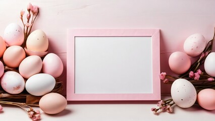 Top view of Easter eggs with invitation mockup on pink background 