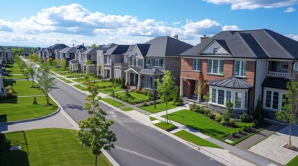 An aerial view of a newly constructed suburban neighborhood showcasing rows of elegant homes with manicured lawns and tree-lined streets. The scene represents growth and opportunity. - obrazy, fototapety, plakaty