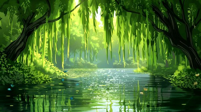 A serene riverside landscape adorned with graceful weeping willow trees. Fantasy landscape anime or cartoon style, looping 4k video animation background