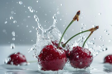 Cherries with water splashes and drops on a white background