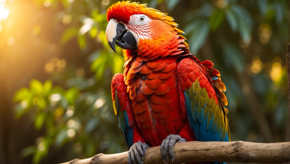 Macaw parrot in jungle. Golden hour light. Free space for text