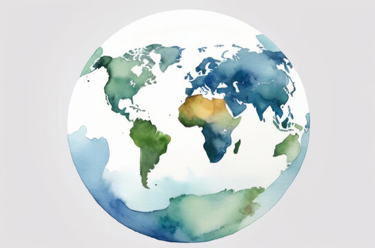 Earth Day symbol. Watercolor illustration of the globe on a white background, serving as a symbol of environmental consciousness and the global celebration of Earth Day.