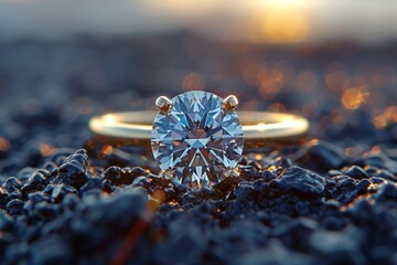 A classic yellow gold engagement ring with a large diamond close-up stuck in black sand.