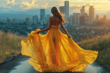 A girl in a bright yellow sundress runs along a black road against the background of a city landscape. - obrazy, fototapety, plakaty