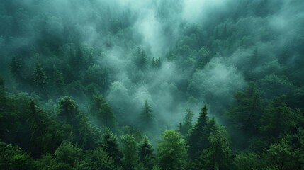 Misty dark green forest