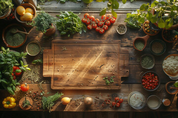 Wooden cutting board on the kitchen table among vegetables, herbs, spices and kitchen utensils