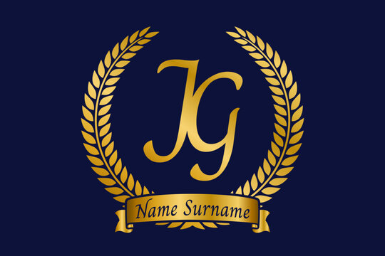 Initial letter J and G, JG monogram logo design with laurel wreath. Luxury golden calligraphy font.