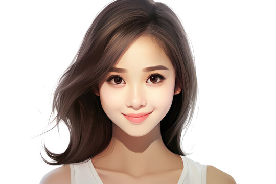 Cartoon pictures of beautiful Thai girls. Face: Round eyes, black or brown, tan skin. Personality: Cheerful, smiles easily, fun-loving, kind. Isolated on a transparent background.