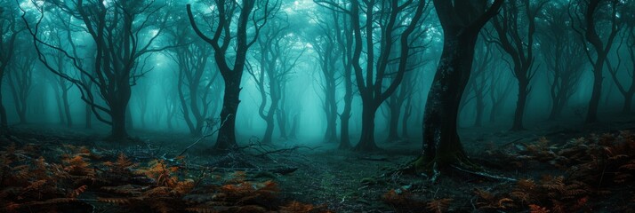 The edge of an eerily dark green forest with dry black trees - obrazy, fototapety, plakaty