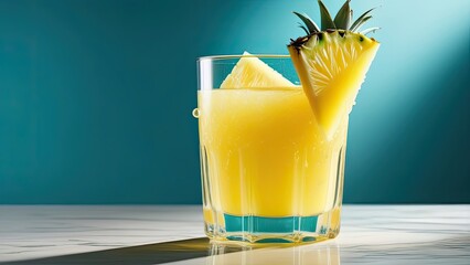 Pineapple juice in glass on the wooden table and colorful background - obrazy, fototapety, plakaty