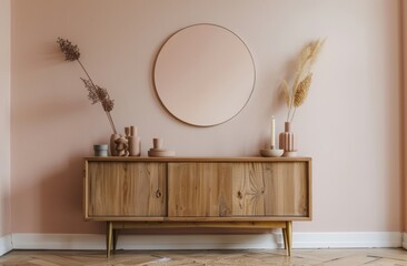A simple oak sideboard with brass legs stands against the wall, adorned above it is an oval shaped mirror and on top of that lies various home decor items