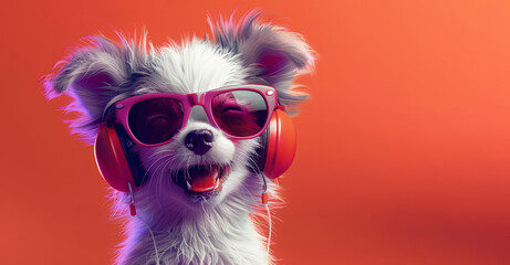 A dog wearing pink headphones and a pink bow on its head. cute dog with a pink bow bobbing head to the beat of the music