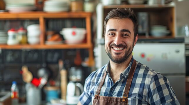 a handsome young man wearing apron stands in the kitchen preapring to cook and smiles. blurry background. 