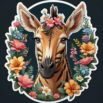 Close-Up Zonkey with Flowers Sticker on White Border Gen AI