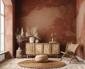 A warm earthy brown wall in an interior design setting with a sideboard and two chairs