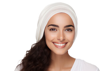 Beautiful Middle Eastern woman, smiling, long face, high nose, white skin, Isolated on a transparent background.
