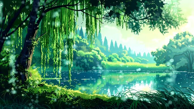 A serene riverside landscape adorned with graceful weeping willow trees. Fantasy landscape anime or cartoon style, looping 4k video animation background