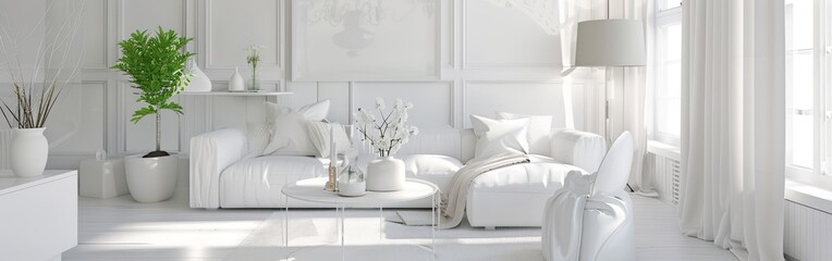 A white living room interior with white furniture and decor, creating an elegant space for relaxation and comfort
