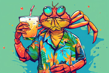 Crab in a Hawaiian shirt and holding a coconut drink, colourful cartoon illustration.